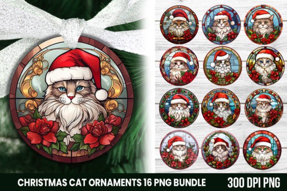 Stained Glass with Christmas Cat Bundle: Festive Digital Art